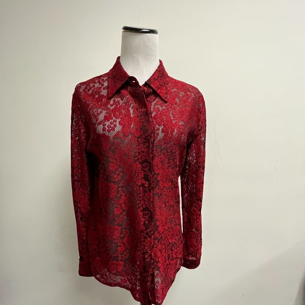 New York & Company red lace sheer button up shirt Vintage 90s L